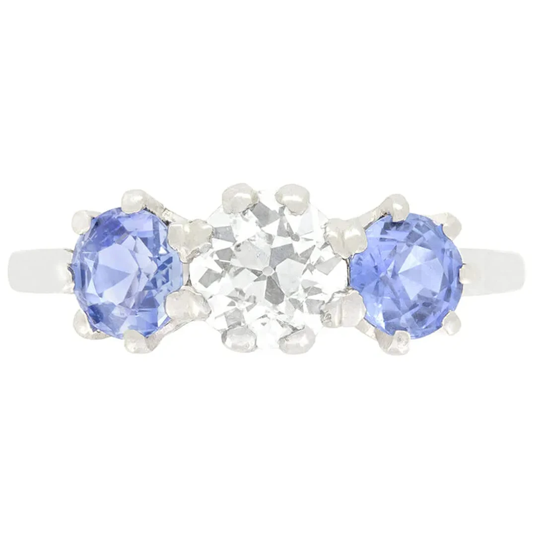 Art Deco 0.75ct Diamond and Sapphire Trilogy Ring, c.1920s