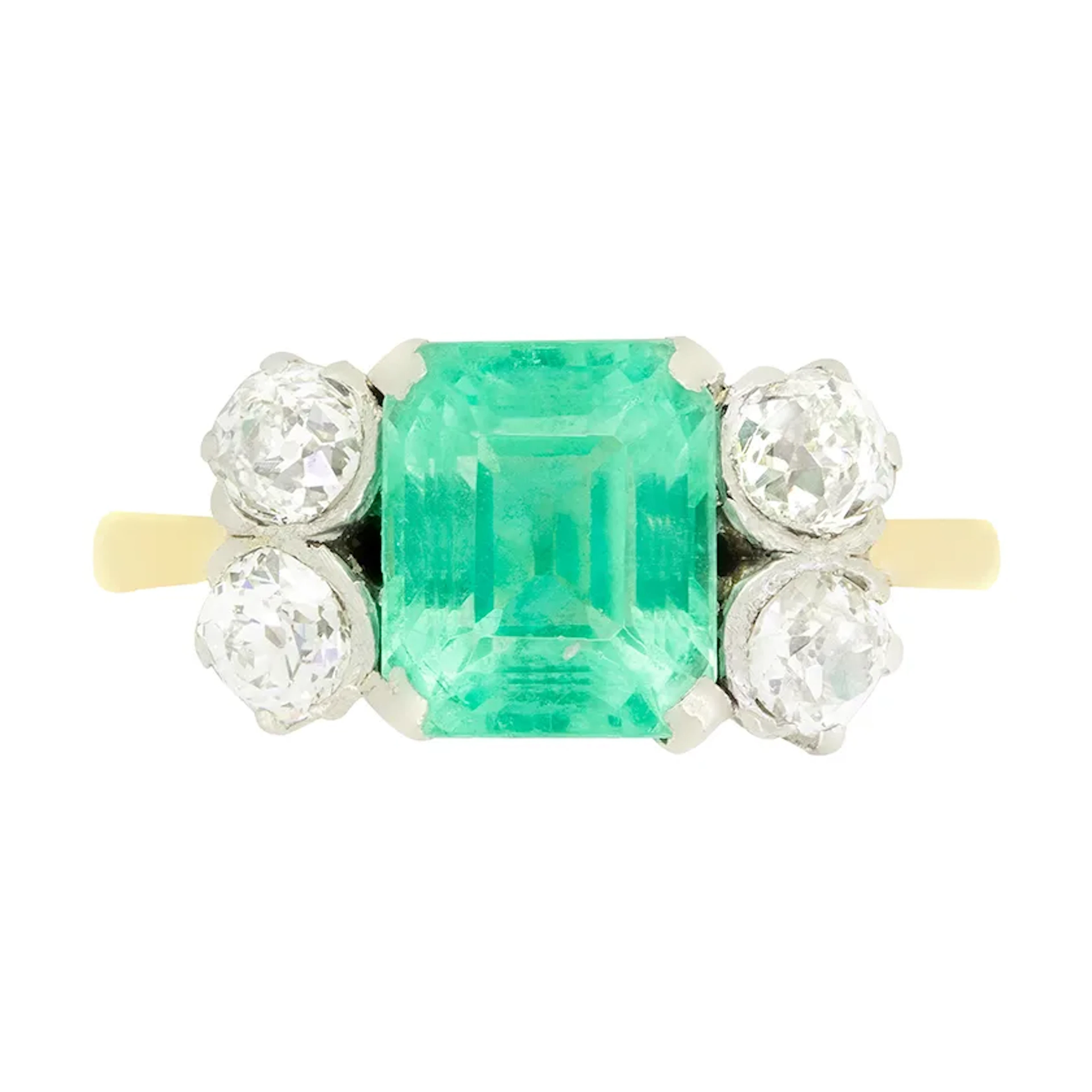 Edwardian 2.00ct Emerald and Diamond Five Stone Ring, c.1910s