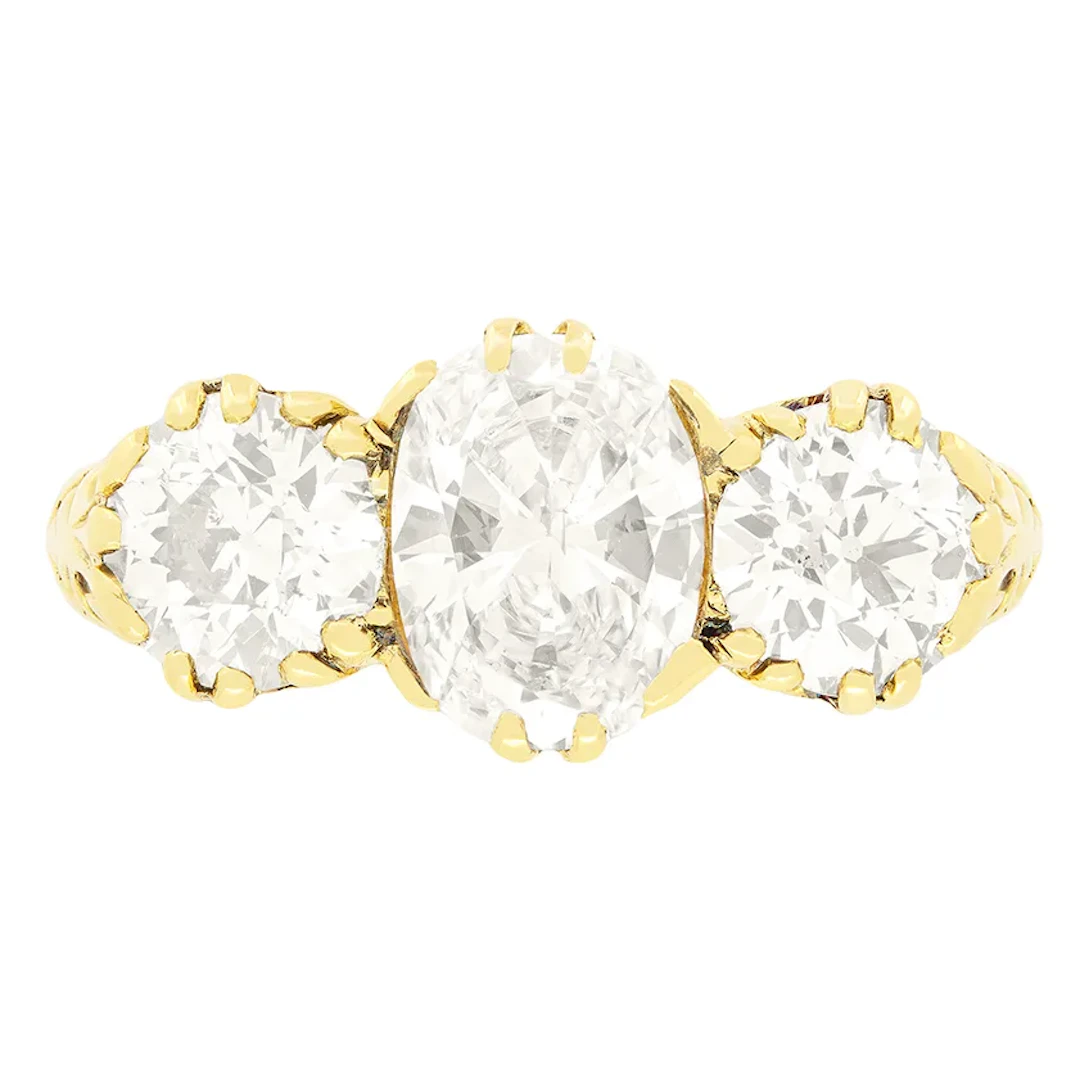 Victorian 3.50ct Diamond Three Stone Carved Head Ring, c.1880s