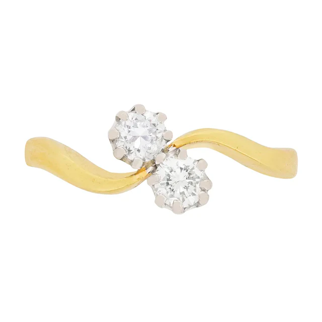 Vintage Round Brilliant Cut Diamond Two Stone Crossover Ring, c.1984