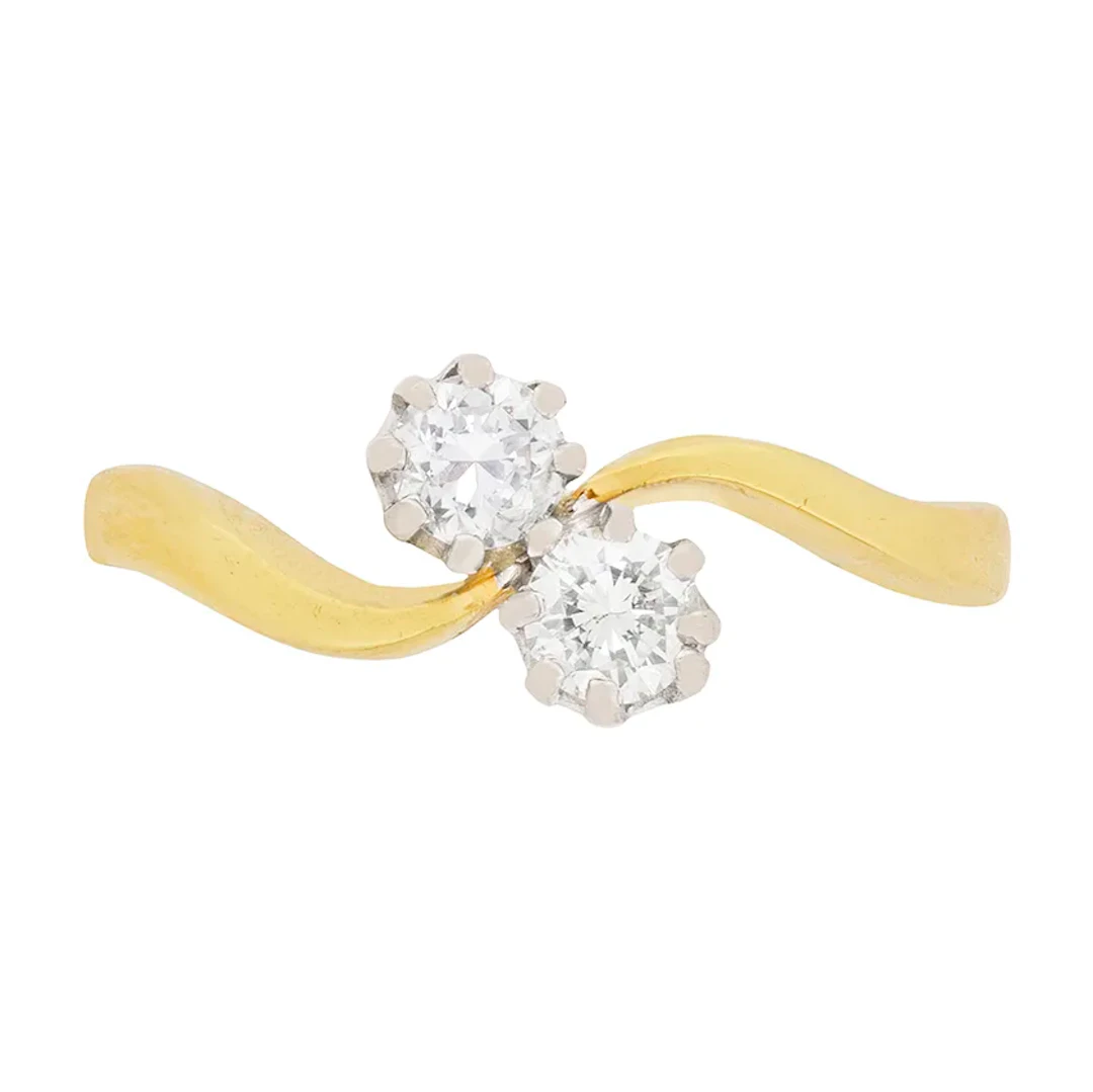 Vintage Round Brilliant Cut Diamond Two Stone Crossover Ring, c.1984