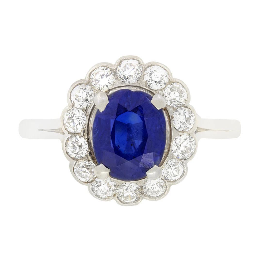 Art Deco 1.50ct Sapphire and Diamond Halo Ring, c.1920s
