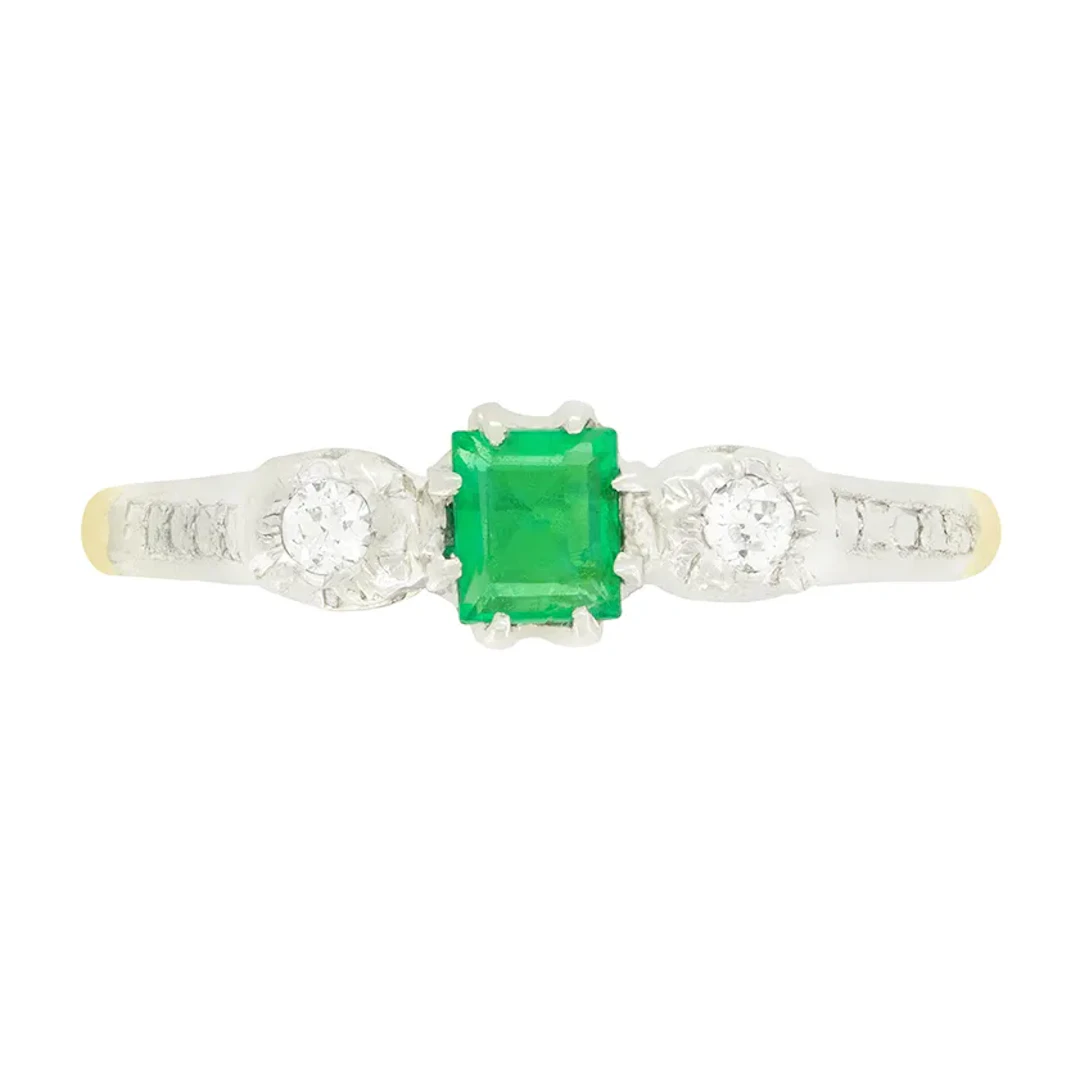Vintage 0.30ct Emerald and Diamond Trilogy Ring, c.1950s