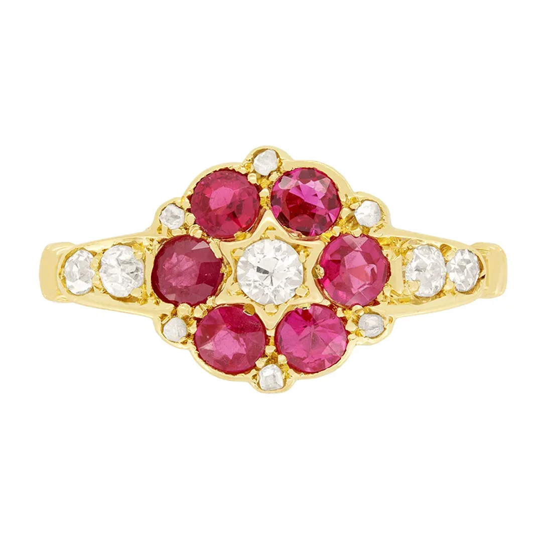 Edwardian 0.60ct Ruby and Diamond Cluster Ring, hallmarked 1909