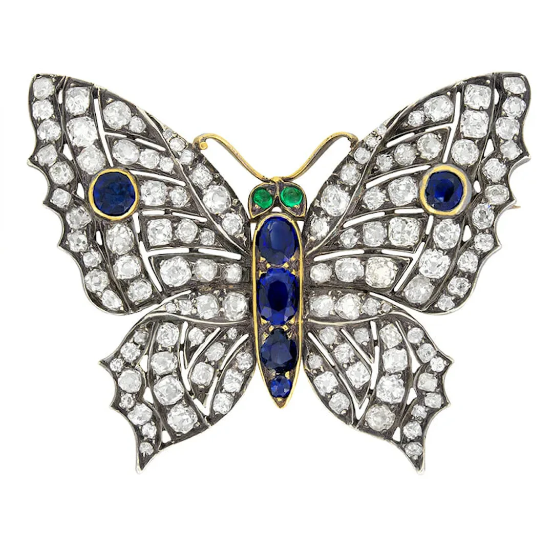 Victorian 8.00ct Diamond, Sapphire and Emerald Butterfly Brooch, c.1880s