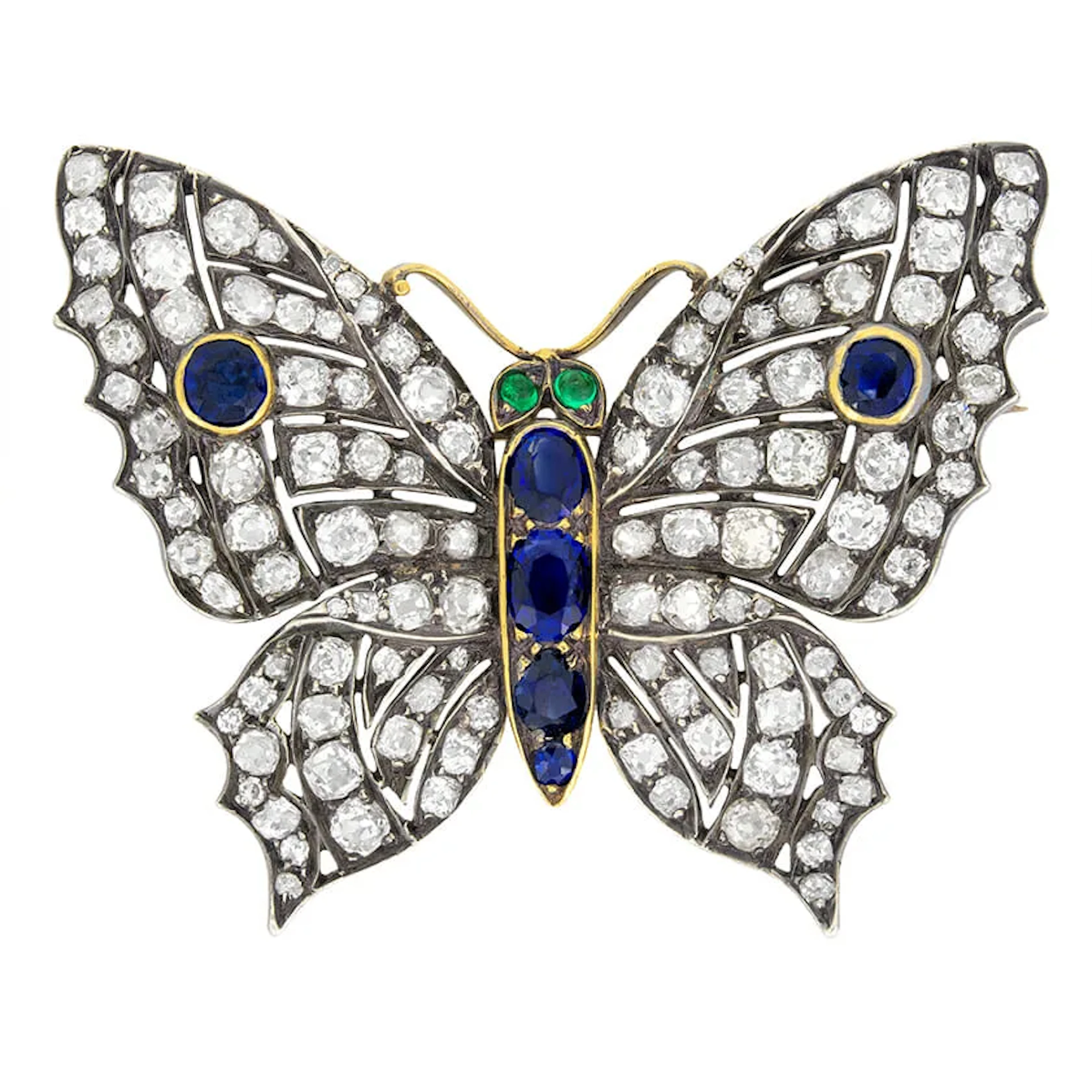 Victorian 8.00ct Diamond, Sapphire and Emerald Butterfly Brooch, c.1880s