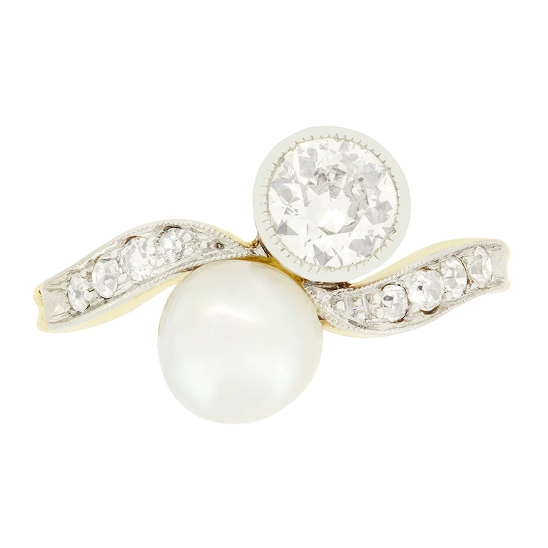 Edwardian 0.65ct Diamond and Pearl Twist Ring, c.1910s