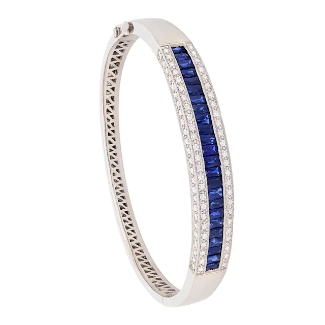 Contemporary 3.20ct French Cut Sapphire and Diamond Bangle