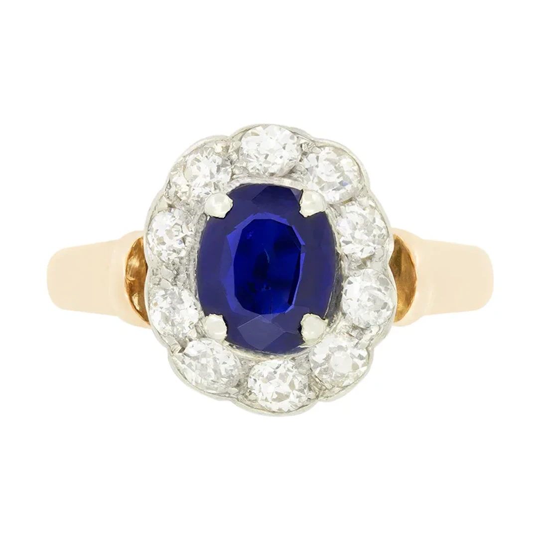 Edwardian 1.00ct Sapphire and Diamond Cluster Ring, c.1910s