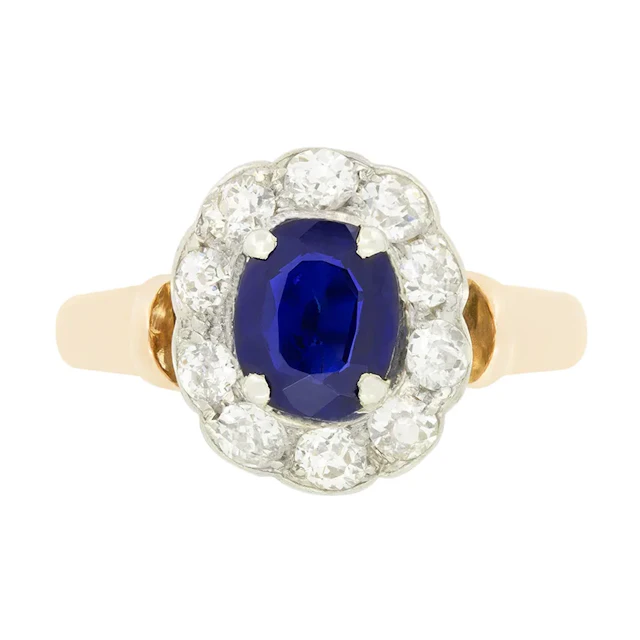 Edwardian 1.00ct Sapphire and Diamond Cluster Ring, c.1910s