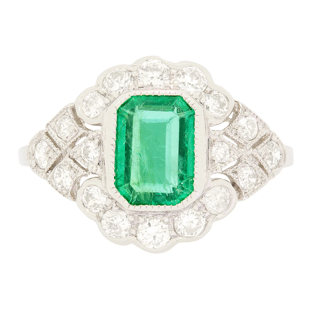 Vintage 1.35ct Emerald and Diamond Cluster Ring, c.1970s
