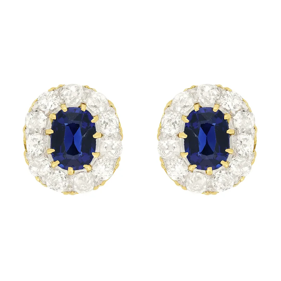 Victorian 1.30ct Sapphire and Diamond Cluster Earrings, c.1880s
