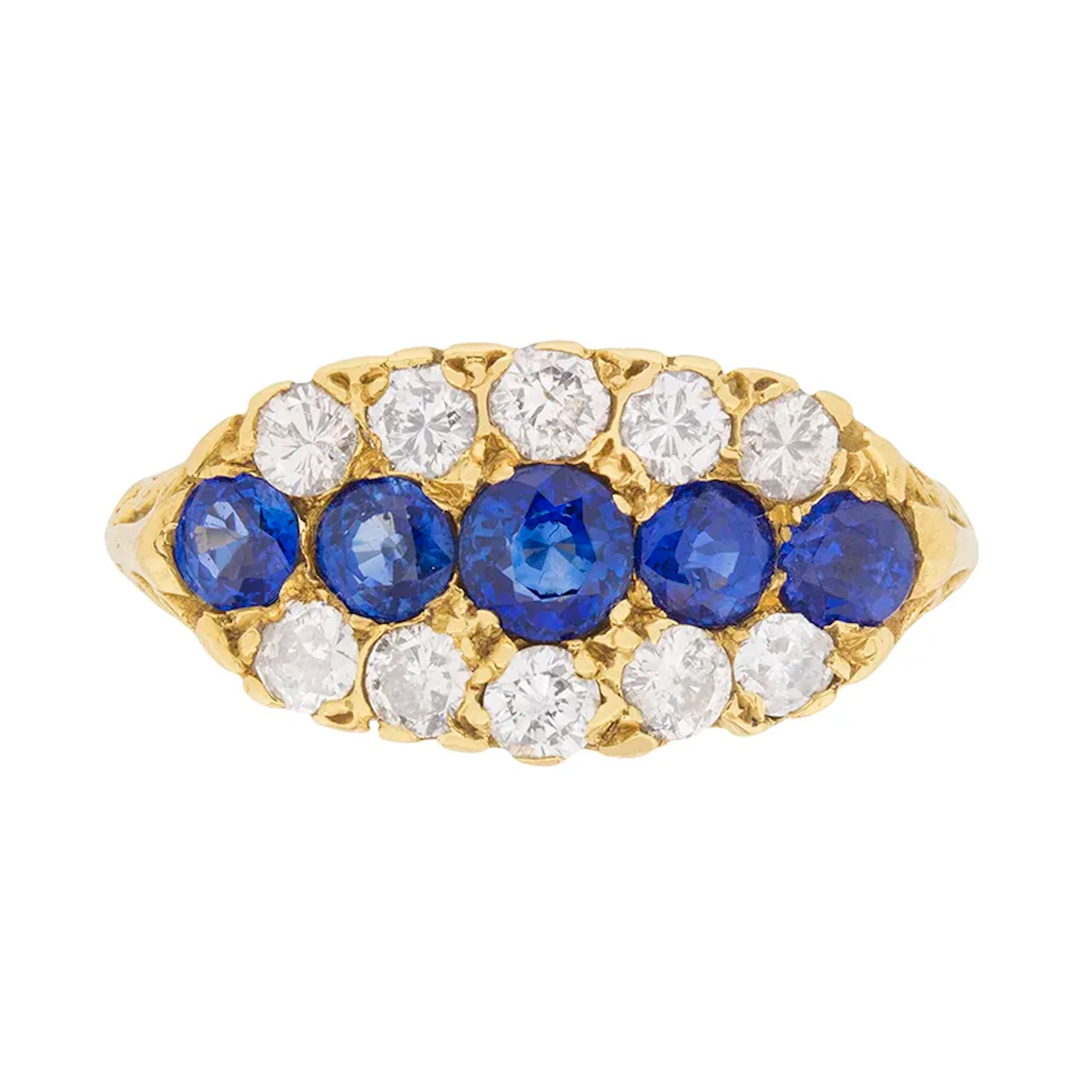Vintage Sapphire and Diamond Carved Shank Cluster Ring, c.1950s