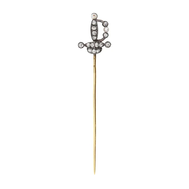 Victorian Diamond and Pearl French Sword Pin, c.1880s