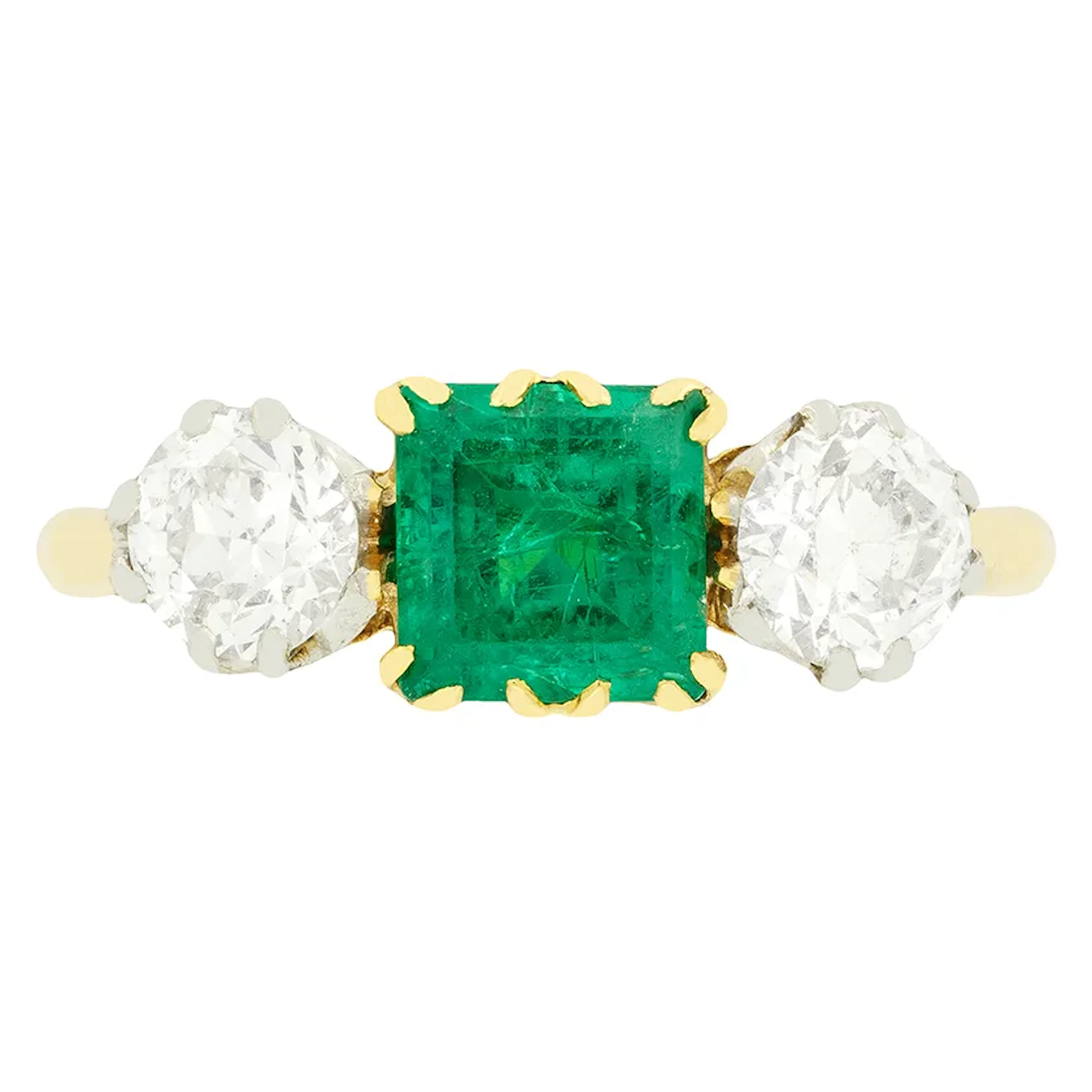 Edwardian 1.35ct Emerald and Diamond Three Stone Ring, c.1910s