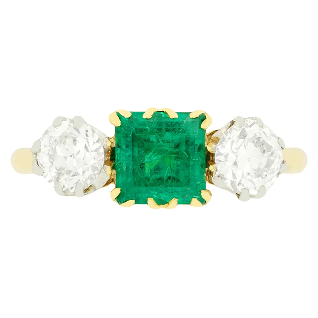 Edwardian 1.35ct Emerald and Diamond Three Stone Ring, c.1910s