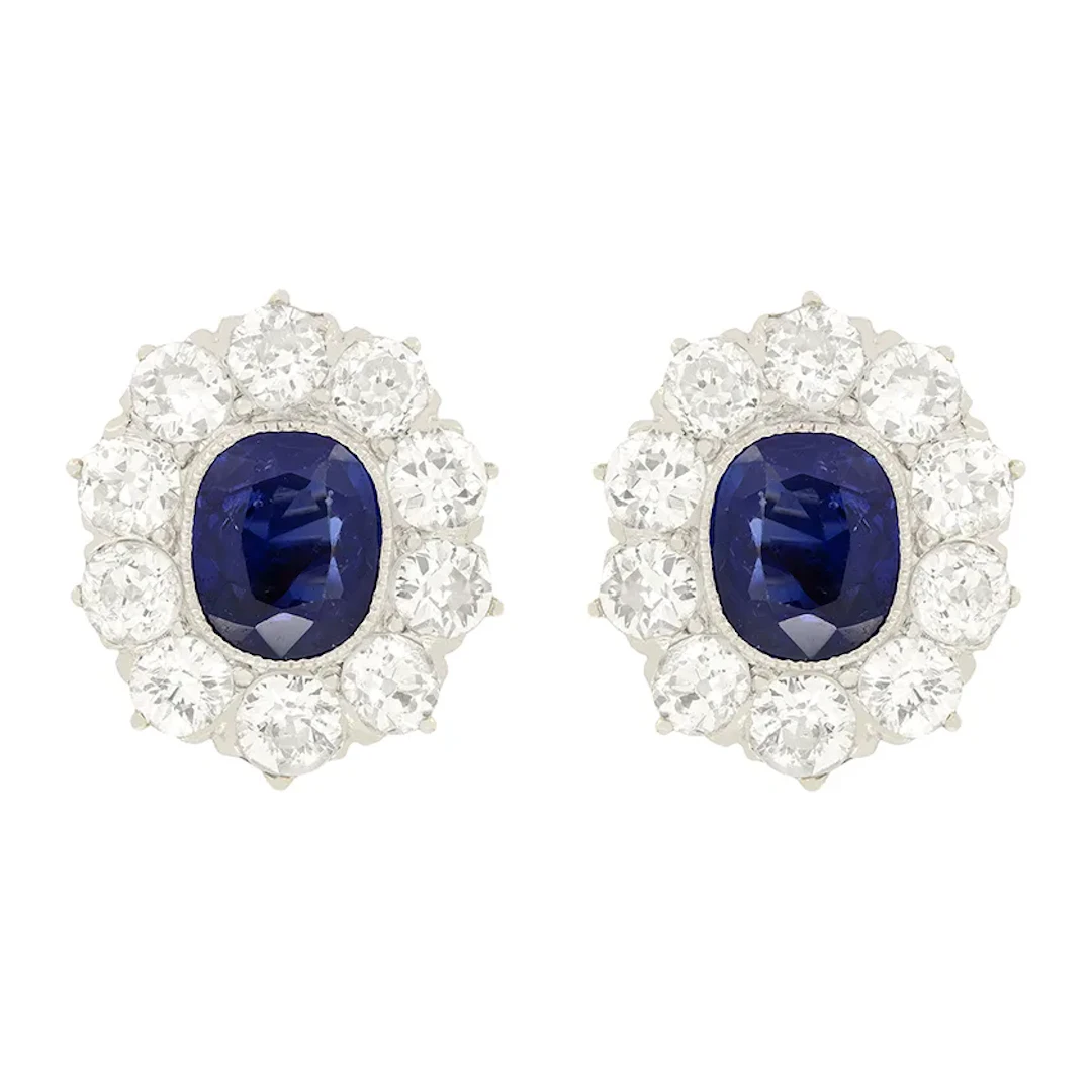 Edwardian 2.00ct Sapphire and Diamond Cluster Earrings, c.1910s