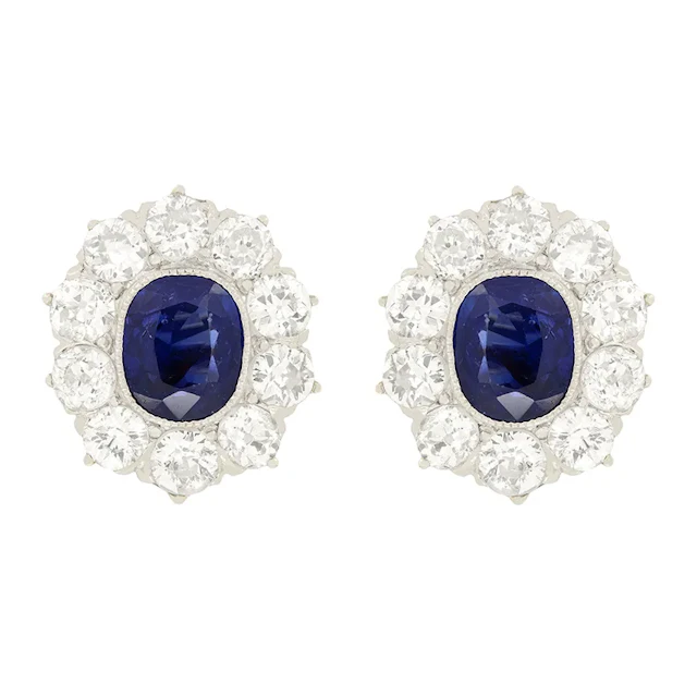 Edwardian 2.00ct Sapphire and Diamond Cluster Earrings, c.1910s