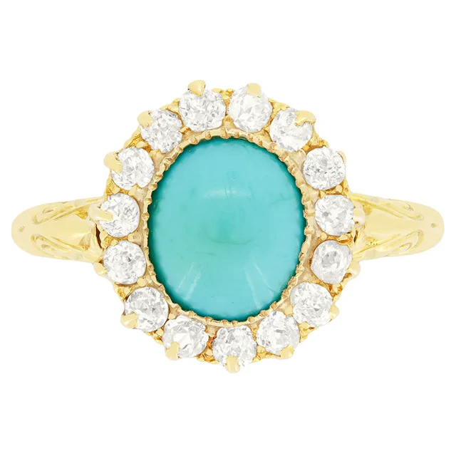 Victorian 1.75ct Turquoise and Diamond Halo Cluster Ring, 1880s