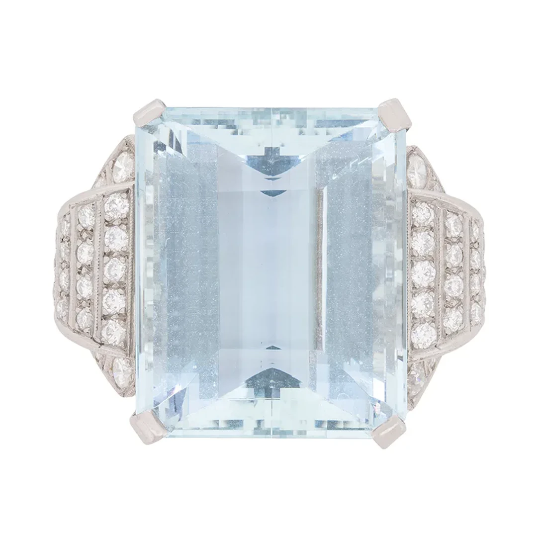 Late Deco 34.15ct Aquamarine and Diamond Cocktail Ring, c.1940s