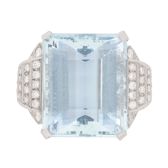 Late Deco 34.15ct Aquamarine and Diamond Cocktail Ring, c.1940s
