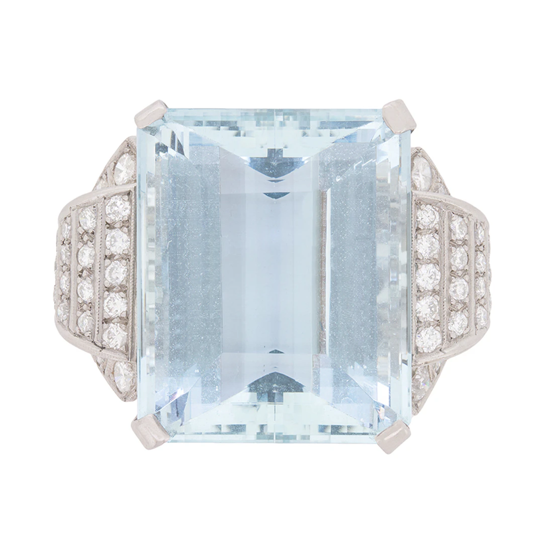 Late Deco 34.15ct Aquamarine and Diamond Cocktail Ring, c.1940s