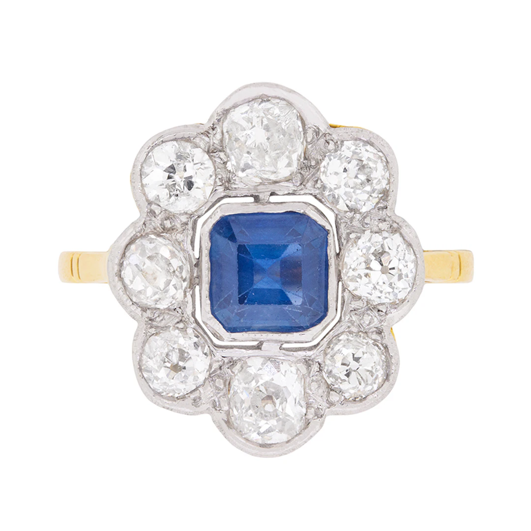Art Deco Asscher Cut Sapphire and Diamond Ring, c.1920s