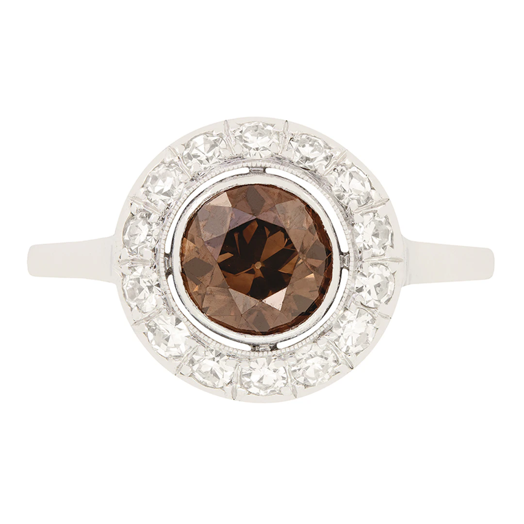 Art Deco 1.05ct Cognac Diamond Halo Ring, c.1920s