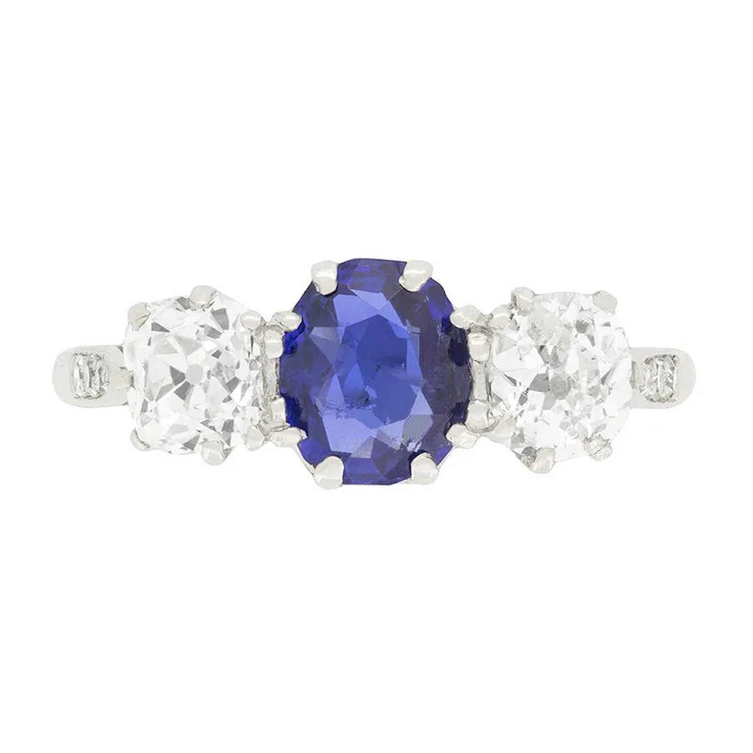Art Deco 1.10ct Sapphire and Diamond Three Stone Ring, c.1920s