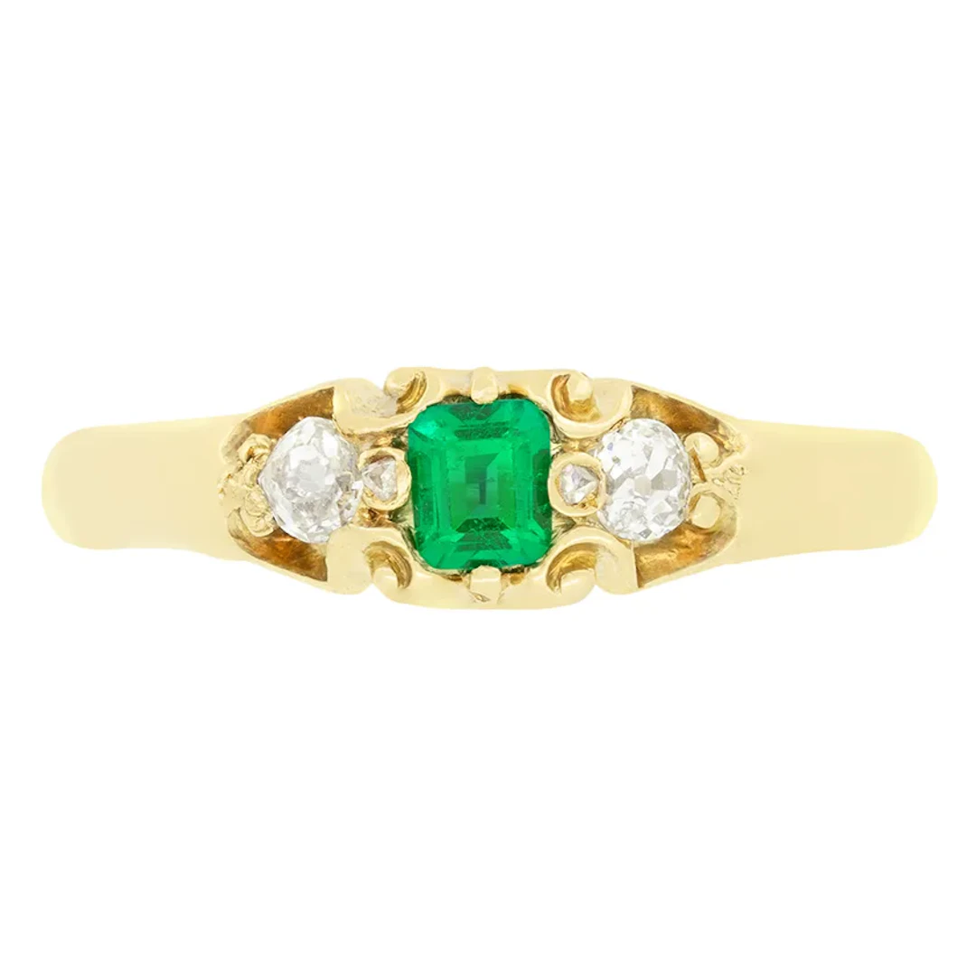 Victorian 0.10ct Emerald and Diamond Trilogy Ring, c.1880s