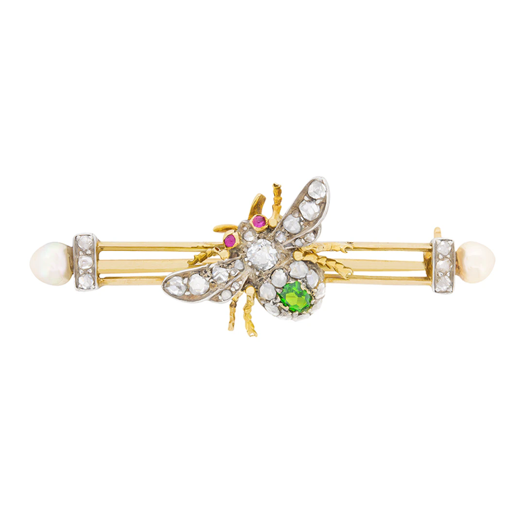 Victorian Diamond, Demantoid Garnet, Ruby and Pearl Bug Brooch, c.1880s