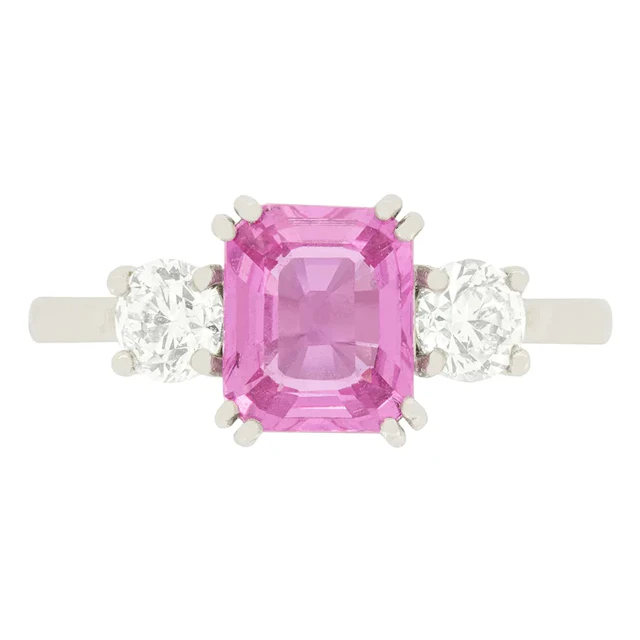 Vintage 1.42ct Pink Sapphire and Diamond Three Stone Ring, c.1970s