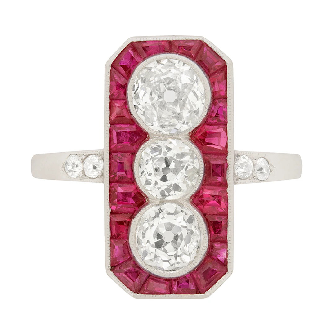 Art Deco 1.95ct Diamond and Ruby Three Stone Halo Cocktail Ring, c.1920s