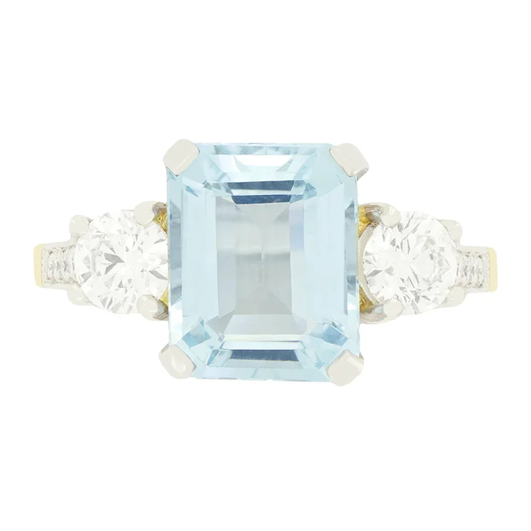 Vintage 2.75ct Aquamarine and Diamond Three Stone Ring, c.1980s