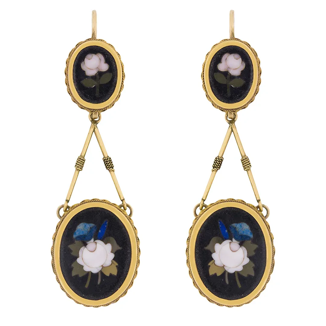 Antique Pietra Dura Drop Earrings and Pendant with Rose Motif