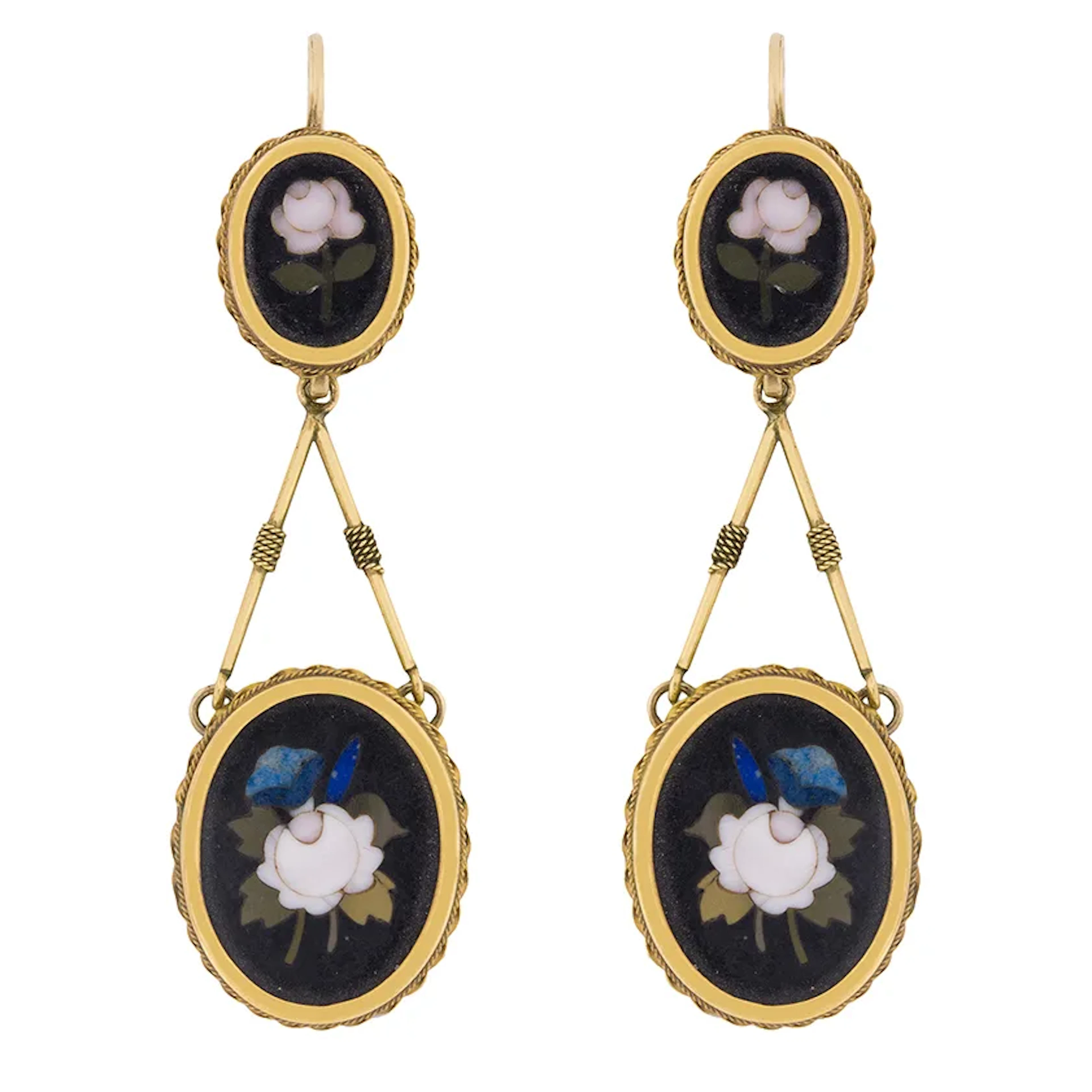 Antique Pietra Dura Drop Earrings and Pendant with Rose Motif