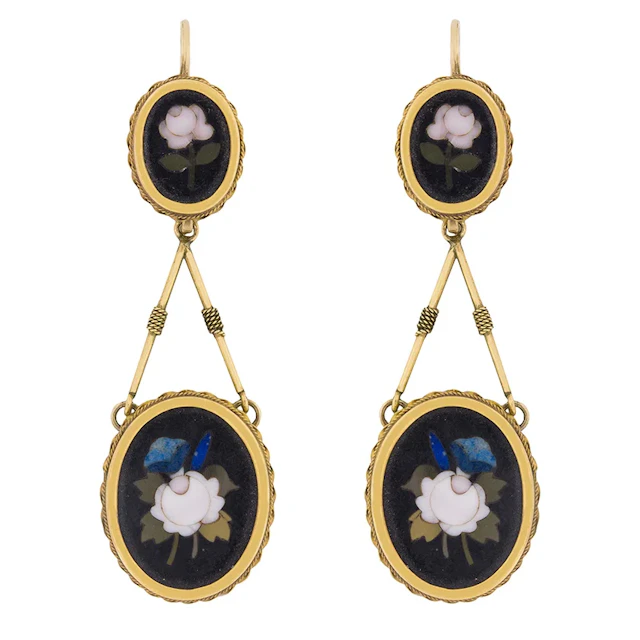 Antique Pietra Dura Drop Earrings and Pendant with Rose Motif