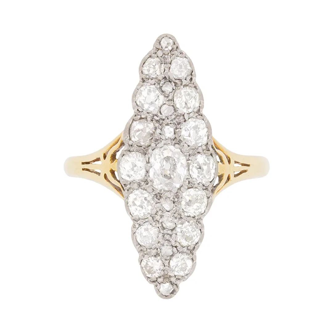 Late Victorian 1.20ct Diamond Marquise Shaped Cluster Ring, c.1900s