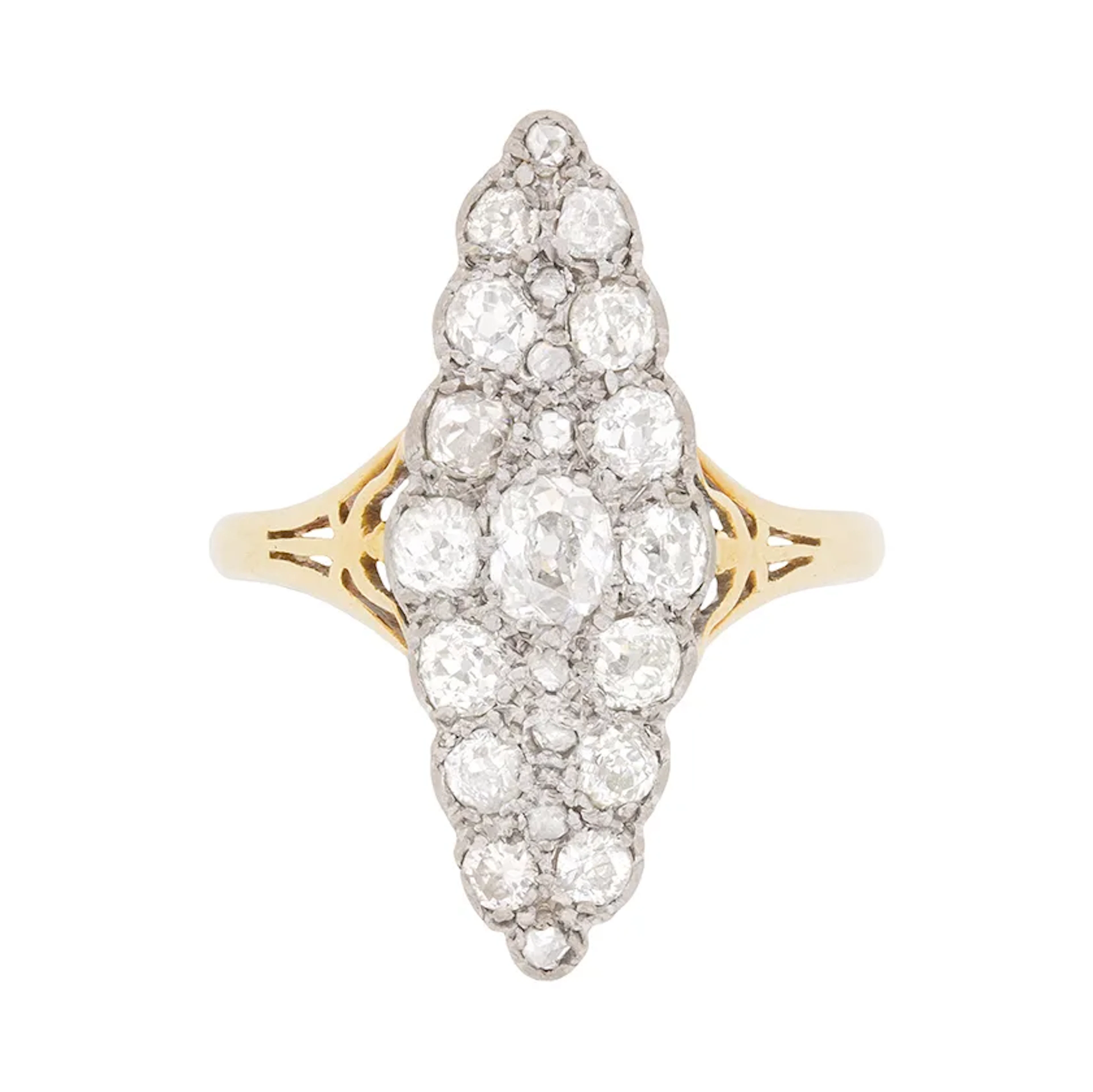 Late Victorian 1.20ct Diamond Marquise Shaped Cluster Ring, c.1900s