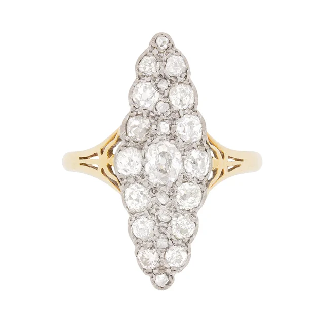Late Victorian 1.20ct Diamond Marquise Shaped Cluster Ring, c.1900s