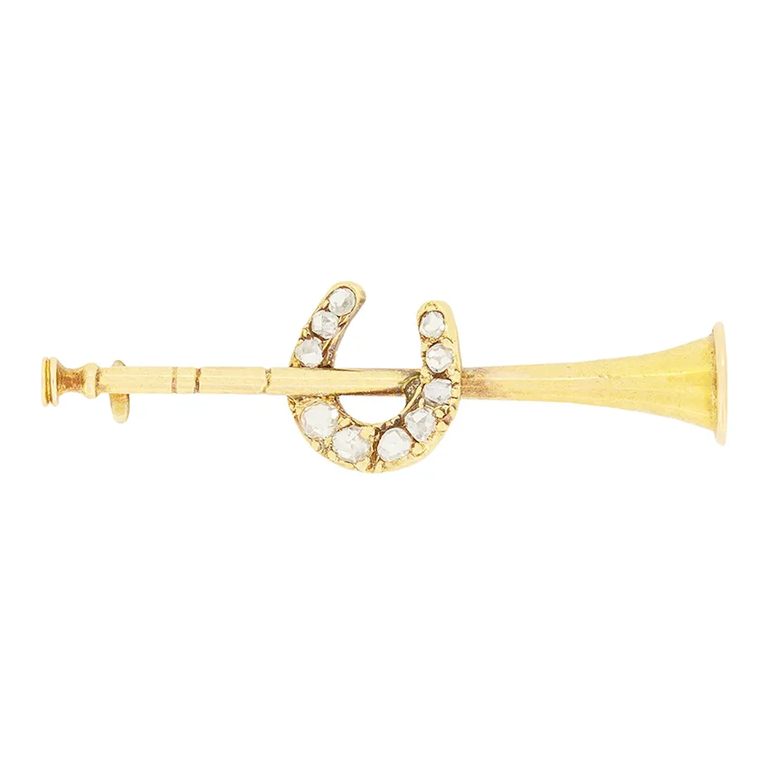 Victorian 0.14ct Diamond Horn and Horse Shoe Brooch, c.1880s