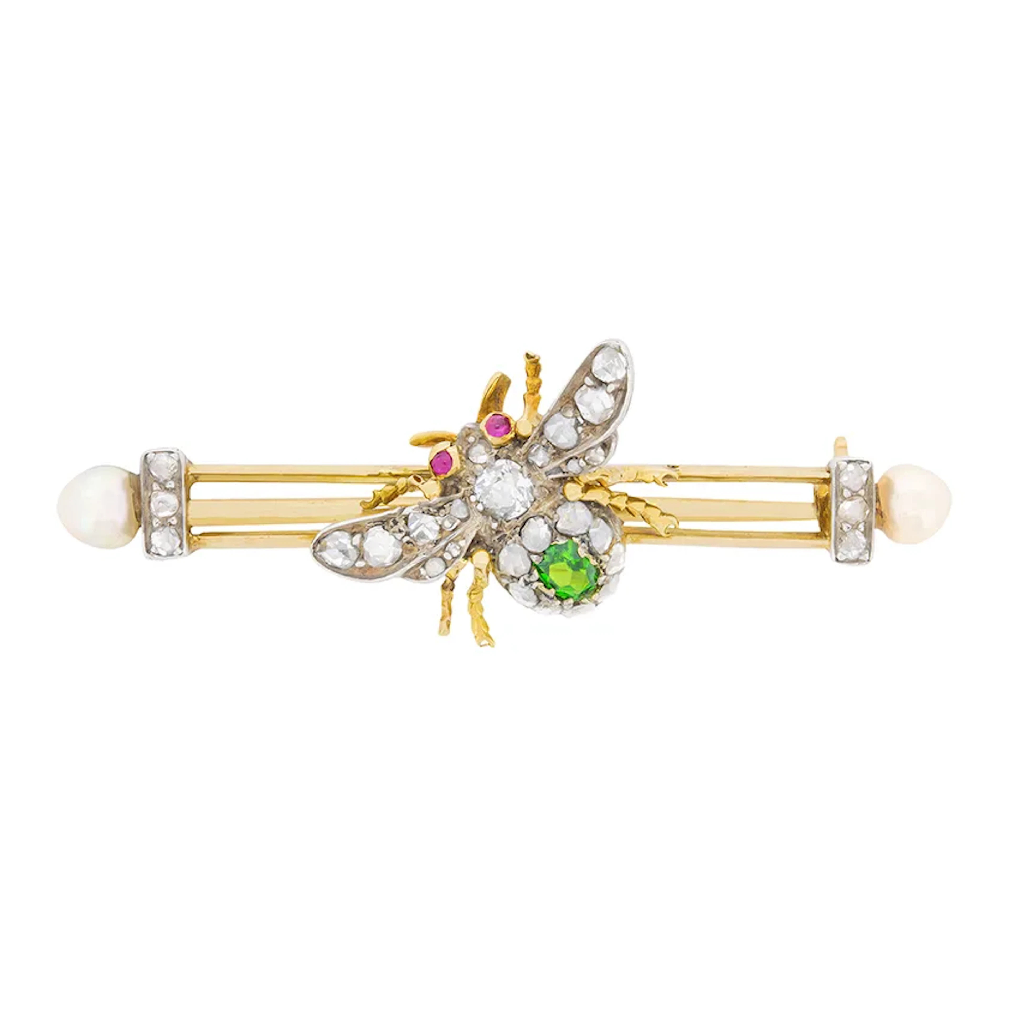 Victorian Diamond, Demantoid Garnet, Ruby and Pearl Bug Brooch, c.1880s