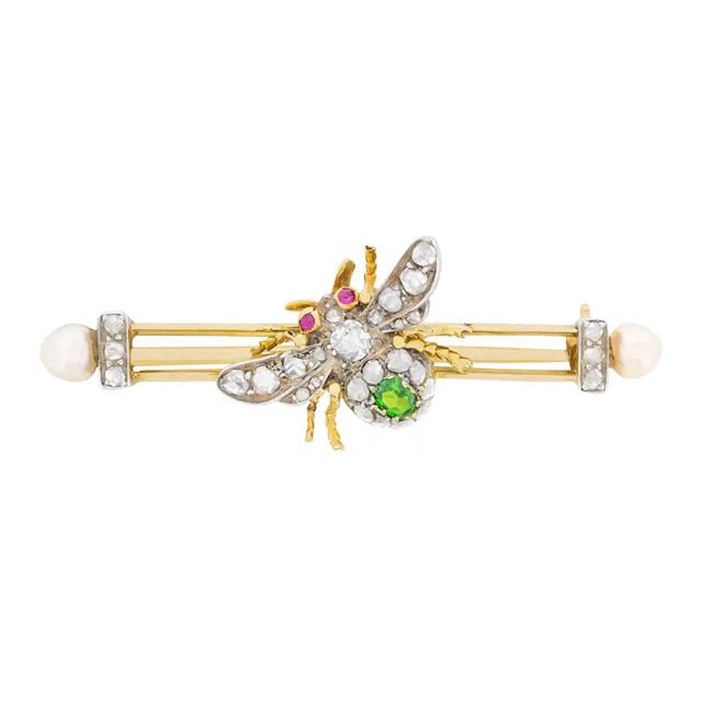Victorian Diamond, Demantoid Garnet, Ruby and Pearl Bug Brooch, c.1880s