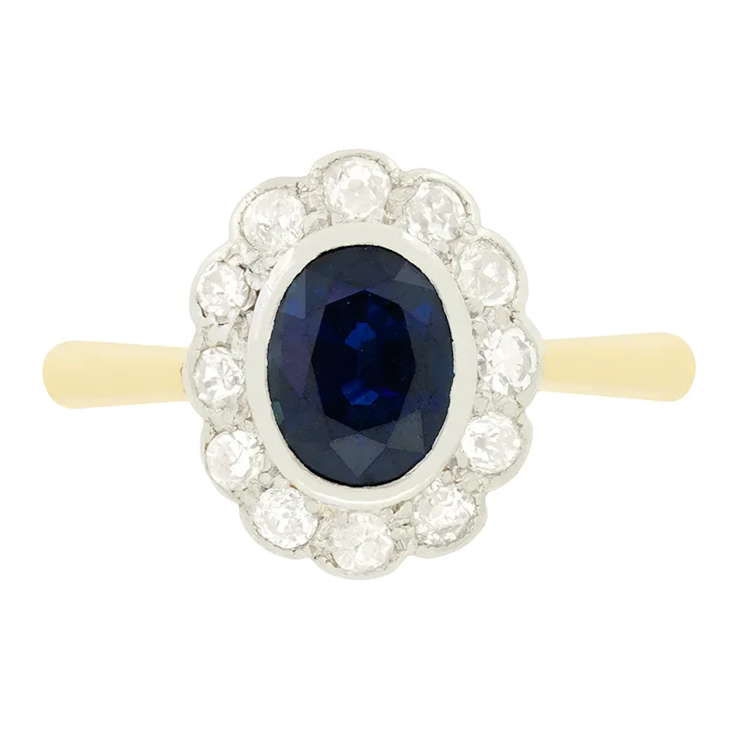 Edwardian 1.25ct Sapphire and Diamond Cluster Ring, c.1910s