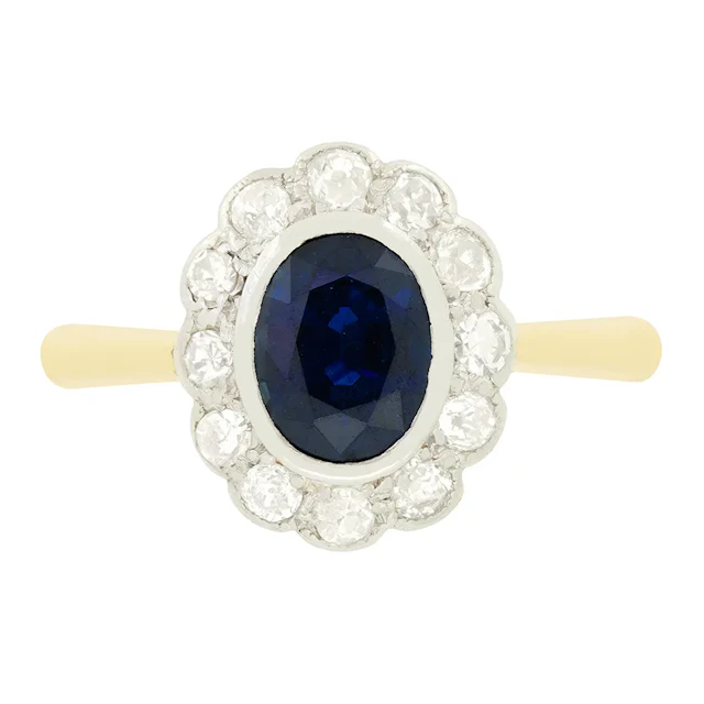 Edwardian 1.25ct Sapphire and Diamond Cluster Ring, c.1910s