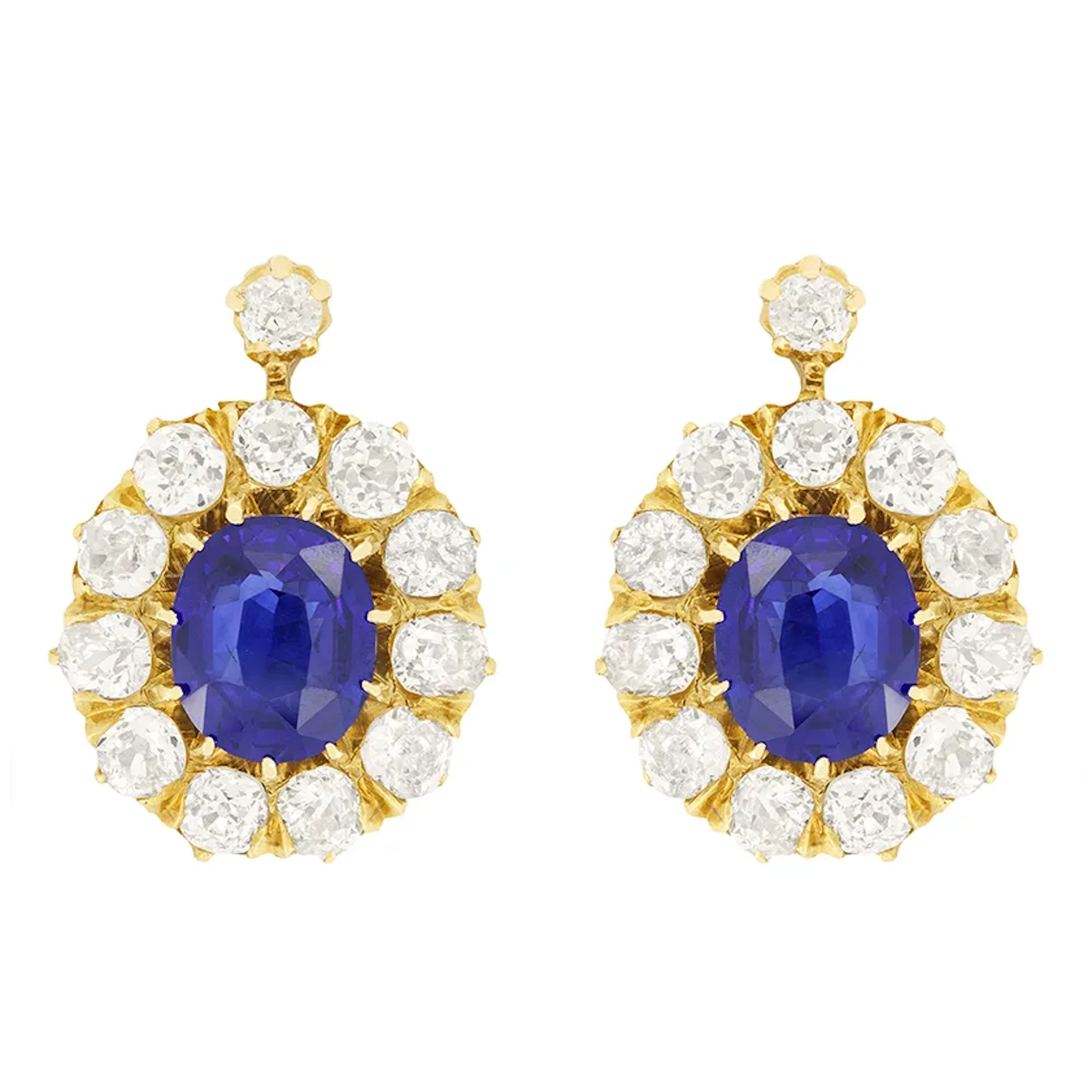 Late Victorian 3.60ct Sapphire and Diamond Cluster Earrings, c.1900s