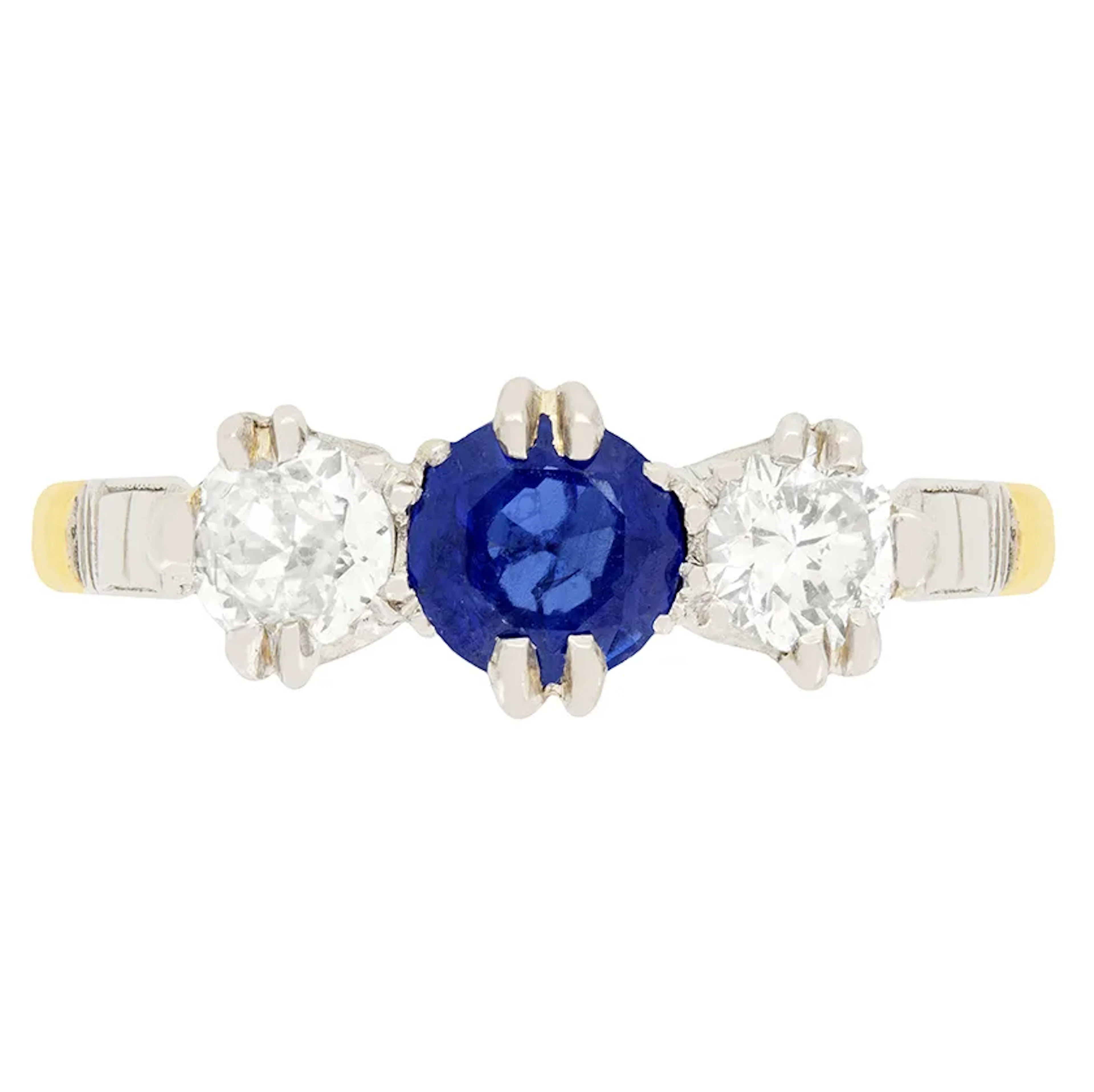 Late Art Deco Sapphire and Diamond Three Stone Ring, c.1930s