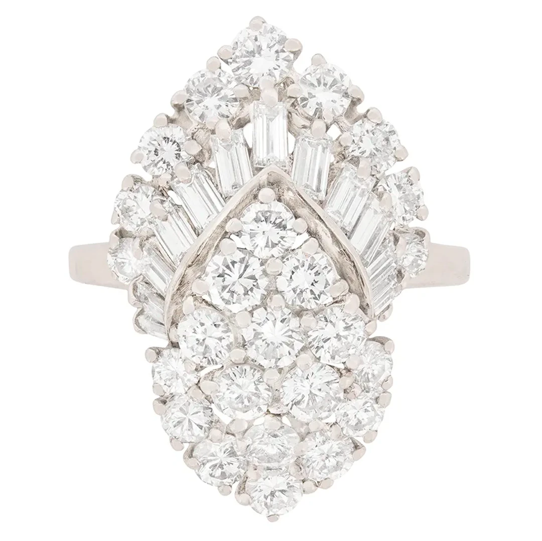 Late Deco 3.65ct Diamond Cluster Cocktail Ring, c.1940s