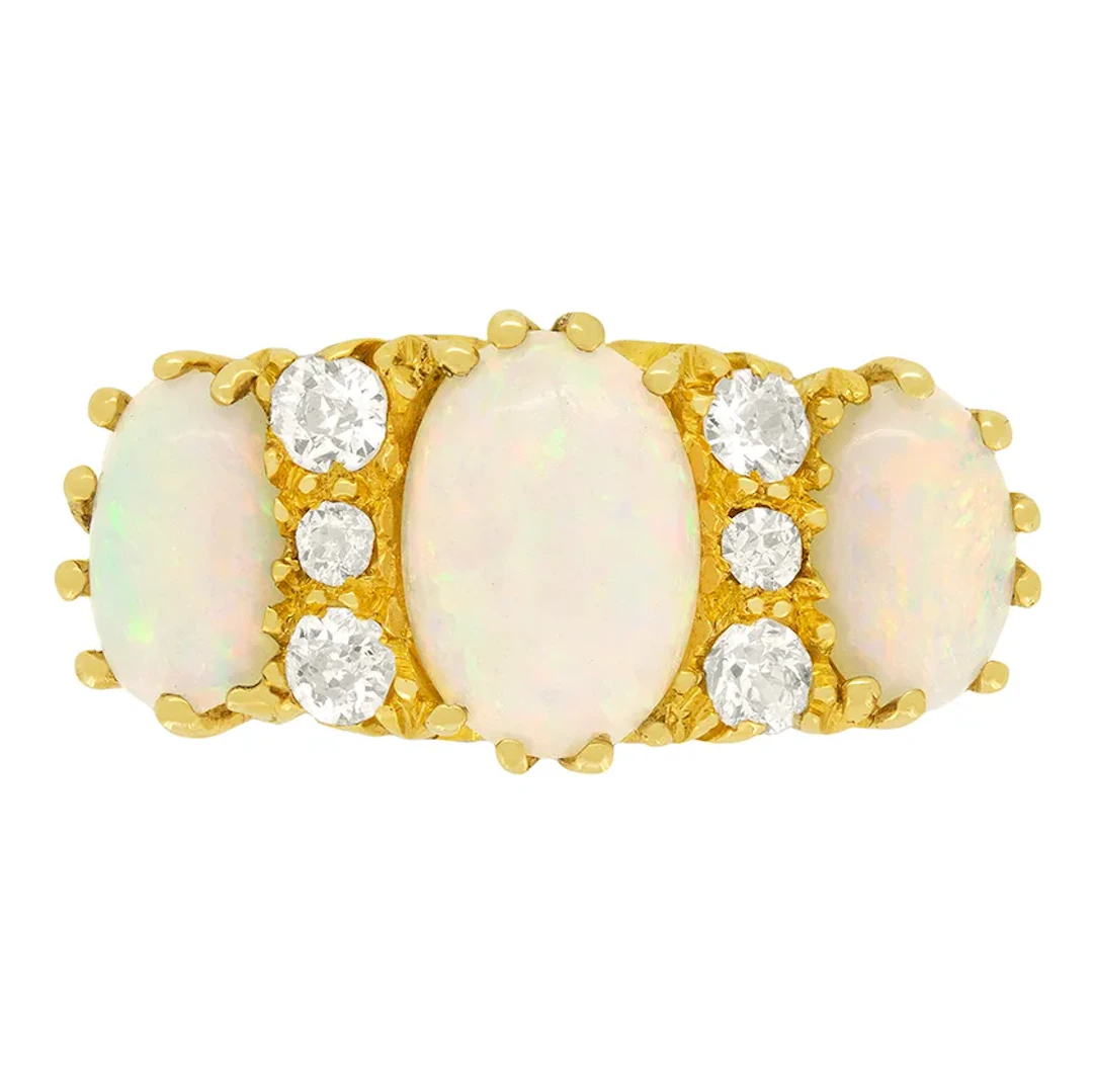 Victorian 1.10ct Opal and Diamond Three Stone Ring, c.1900s