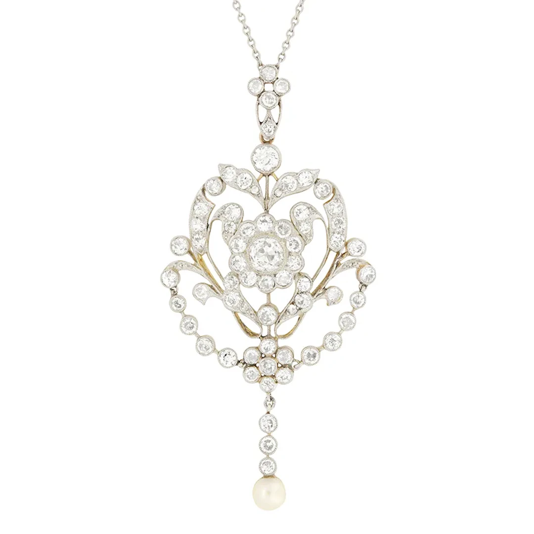 Edwardian 5.50ct Diamond, Pearl Necklace & Brooch, c.1910s